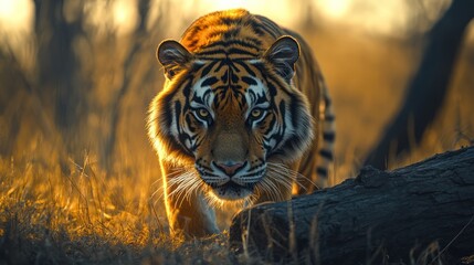 Naklejka premium A majestic tiger stares intensely at the camera in a golden fore