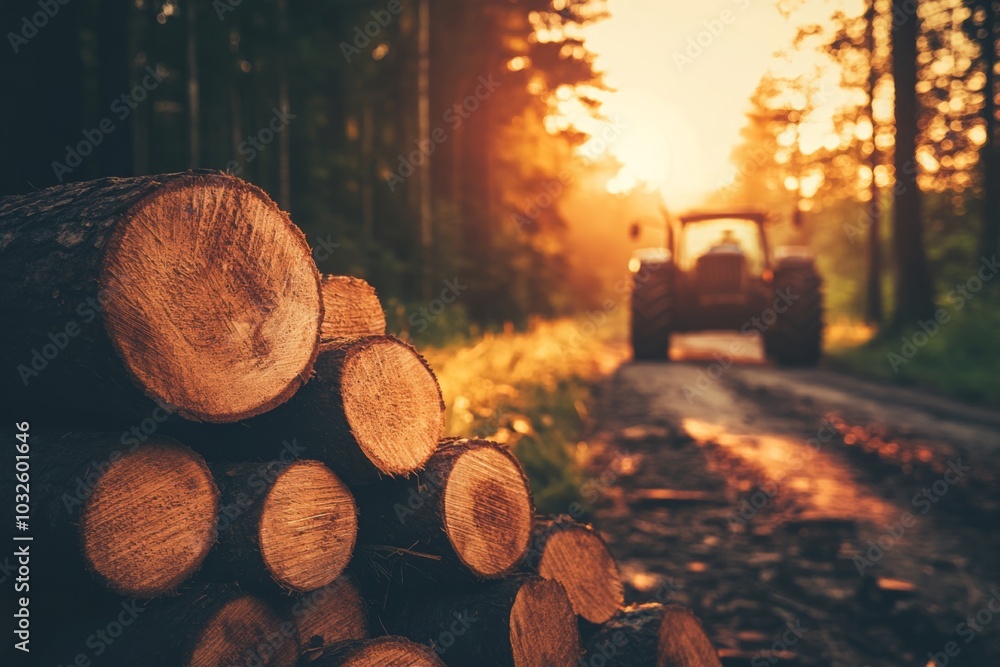 Poster sunset in forest with tractor and stacked logs in foreground