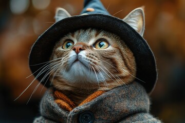 Portrait of a dressed up funny cat in a yellow knitted hat and scarf is looking up. An autumn cat in a cozy atmosphere