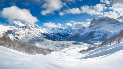 Obraz premium Panoramic view down snow covered valley in alpine mountain range