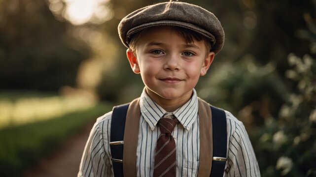 A boy dressed in a classic vintage outfit with suspenders and a flat cap, capturing a nostalgic charm and timeless style in a retro-inspired setting