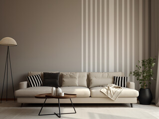 Fototapeta premium Modern living room interior with stripe elements in interior and decor. Scandinavian minimalist living room with stripes and copy space