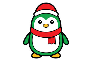 Cute Penguin Wearing Santa Hat and Scarf Vector Illustration