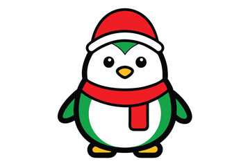 Adorable Penguin Wearing Santa Claus Hat and Scarf Vector Outline