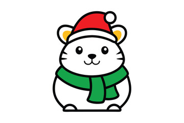 Cute Hamster Outline Vector Wearing Santa Hat and Scarf on White Background