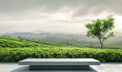 Tranquil Landscape with Greenery and Modern Table