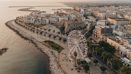 Mola di Bari, Italy - 23 August 2024: Aerial View of Historic Mola di Bari village with Beautiful...