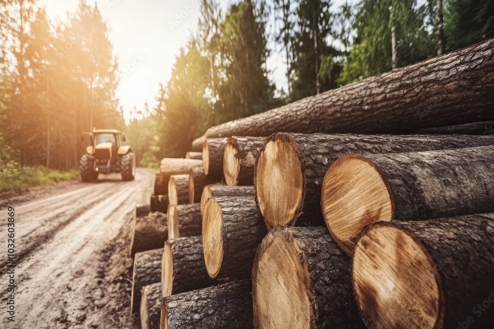 Poster sunlit forest path with stacked logs and distant tractor