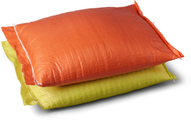 stack of orange and yellow polypropylene pp bag or sack full of rice grains isolated white background, blank package mockup template of ingredient cooking or agricultural products