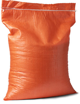 orange polypropylene pp bag or sack full of rice grains isolated white background, blank package mockup template of ingredient cooking or agricultural products, side view
