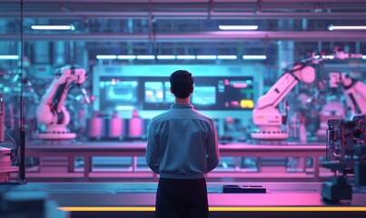 Fototapeta premium Man observes industrial robots in factory.