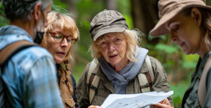 Seniors Exploring Nature with a Map in a Forest Adventure Setting. Generative ai