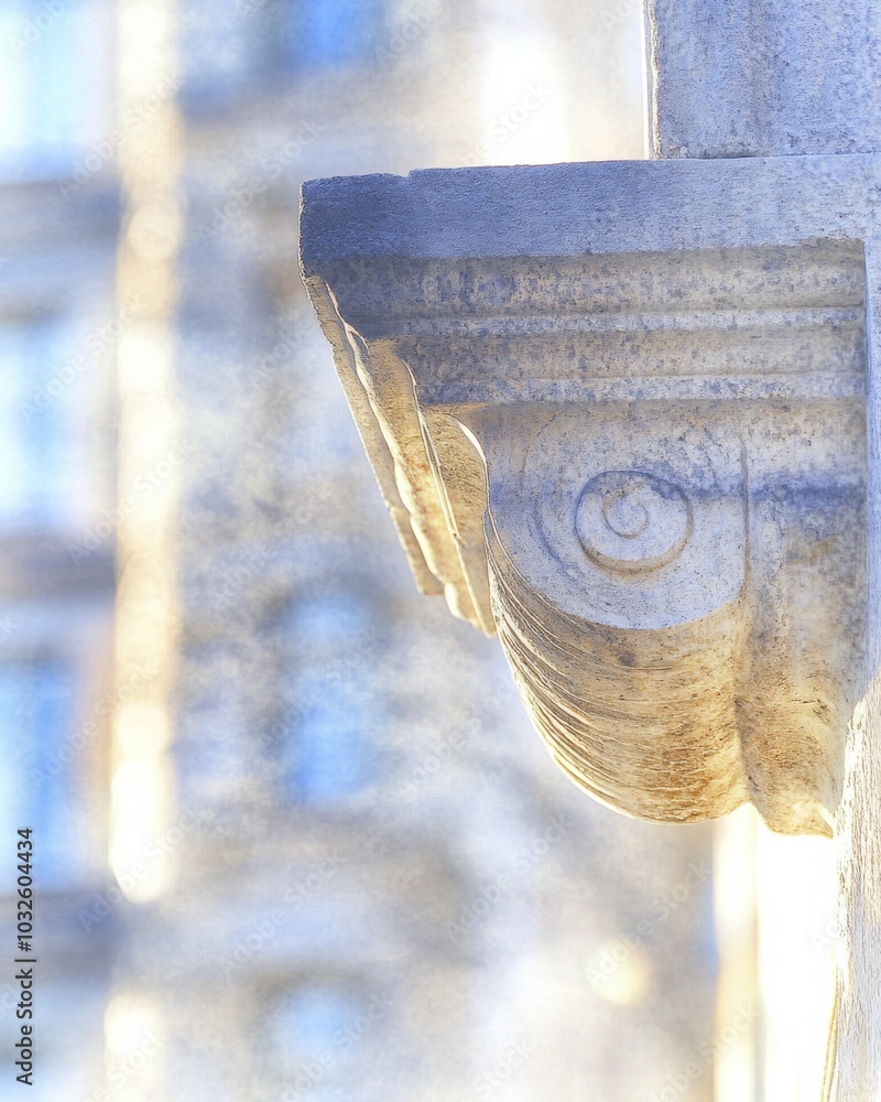 Poster intricate details macro view of historic architectural ornament with blurred urban background