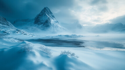 Winter landscape featuring majestic snow-covered mountains and a serene frozen lake under a cloudy sky at dusk