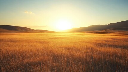 Golden grass illuminated by the sun in a vast open field at sunset near rolling hills