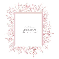 Set of Hand Drawn Christmas Botanicals with winter greenery, poinsettia, holly, mistletoe, pine, cone. Winter Plants Outline. Christmas Design. Christmas Floral Design. Winter Holiday Decor