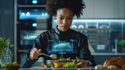 Futuristic Cooking: Woman Chef Integrates Augmented Reality into Culinary Art. Generative ai
