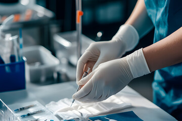Medical professional preparing syringe in sterile environment, wearing gloves in operating room, focusing on precision, safety, and healthcare procedures for patient care

