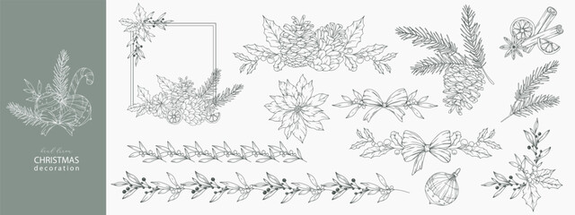 Set of Hand Drawn Christmas Botanicals with winter greenery, poinsettia, holly, mistletoe, pine, cone. Winter Plants Outline. Christmas Design. Christmas Floral Design. Winter Holiday Decor.