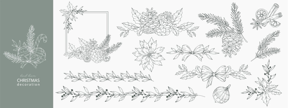 Set of Hand Drawn Christmas Botanicals with winter greenery, poinsettia, holly, mistletoe, pine, cone. Winter Plants Outline. Christmas Design. Christmas Floral Design. Winter Holiday Decor.