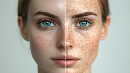 A striking comparison of skin texture highlighting natural beauty and makeup effects during a studio photo shoot