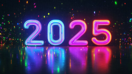Neon 2025: Vibrant and futuristic neon lights illuminate the year 2025, casting a glow of anticipation and possibility. Sparks of colorful confetti dance in the air.