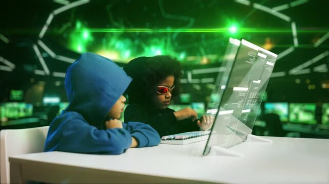 Children hackers hack into database and give a high five, futuristic concept