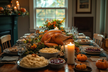 A Thanksgiving dinner spread featuring a beautifully roasted turkey and festive autumn decorations in a cozy dining room