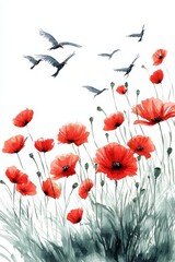 Red poppies and birds in a watercolor style, white isolate background.