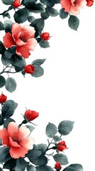 Red flowers with green leaves on white background.