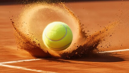 A tennis ball bouncing on a clay court, with dust particles in the air, capturing the dynamic motion and energy of the game.