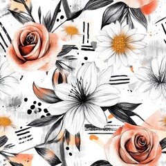 Abstract Floral Pattern with Roses and Lilies on Textured Background