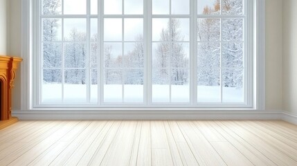 Fototapeta premium An empty room with a fireplace and a large window viewing snow