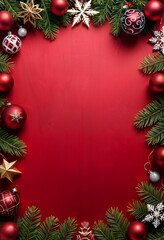 red empty background with christmas baubles and fir branches