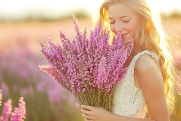 Woman holding a bouquet of lavender flowers in a sunlit field symbolizing purity nature and peaceful beauty in a rural natural setting with warm golden light enhancing her expression