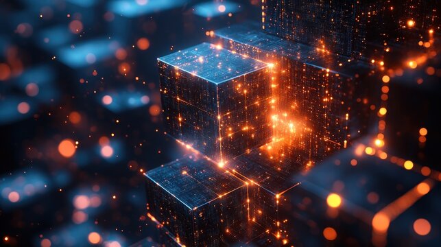 Digital cube background with glowing neon lines