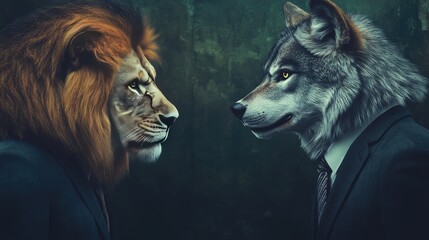 A cool lion and a confident wolf, both in suits, standing face to face in a business confrontation, showcasing competition and leadership.