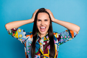 Photo portrait of lovely young lady touch head angry scream dressed stylish colorful print garment...