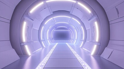 A minimalistic 3D room with glowing white lights along the walls, featuring a sleek futuristic stage floor leading into an abstract tunnel, creating a sci-fi atmosphere.