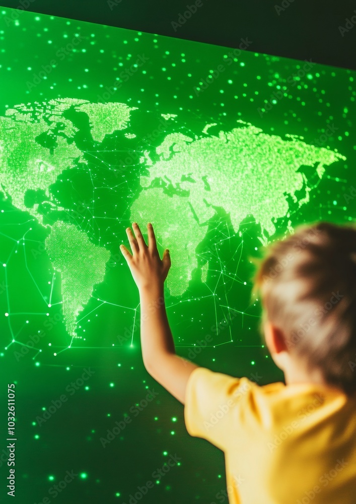 Aufkleber Children Exploring Holographic World Map in Modern Classroom Setting