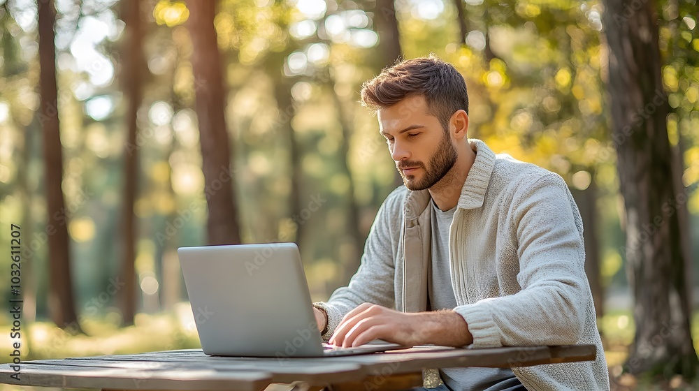 Poster a man with light stubble working on his laptop from a picnic table in a park, surrounded by tall tre