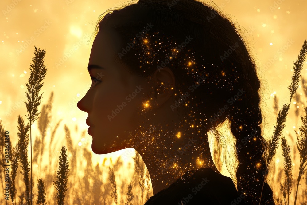 Poster digital silhouette of a womans head overlaid with glowing particles representing neural connections 
