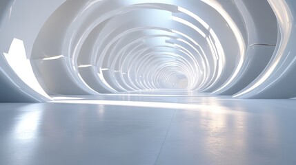 Obraz premium An empty, minimalistic 3D room with glowing white walls, featuring a polished futuristic stage floor and an abstract tunnel design, evoking a high-tech, modern setting.