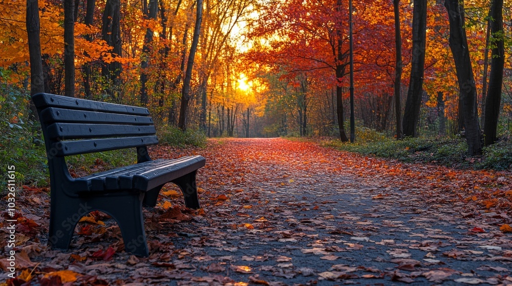 Leinwandbilder A tranquil park path lined with vibrant autumn foliage features a solitary bench. Sunlight filters through the trees at dusk, creating a serene atmosphere.