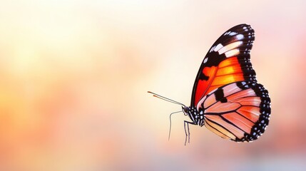 Obraz premium Colorful butterfly gracefully flying against a blurred pastel background.