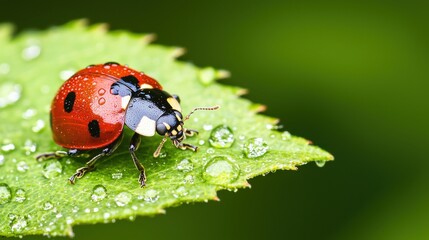 Fototapeta premium Ladybug on a green leaf with water droplets, natural background.