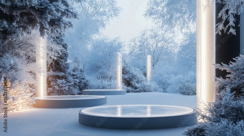 Leinwandbilder a serene winter pathway is set in a snowy forest, showcasing illuminated pillars that cast a gentle 