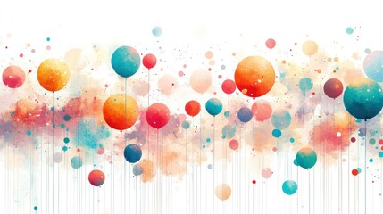 Colorful watercolor balloons floating on a white background with subtle drips.