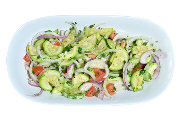 healthy food dish with salad greens vegetables seasoned salad vegan lunch tomato and onion green zucchini