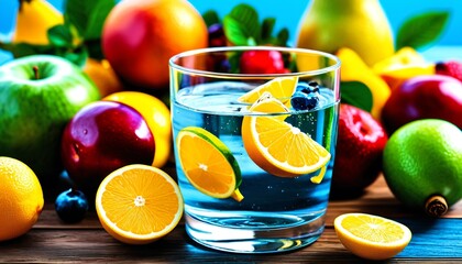 Fototapeta premium A refreshing glass of water sits on a wooden table, surrounded by fresh fruits, embodying health and vitality, Generative AI